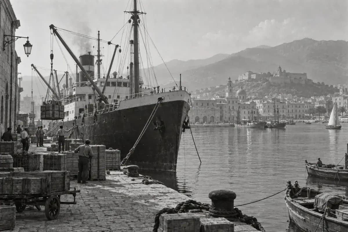 Historical-style illustration of a commercial harbour